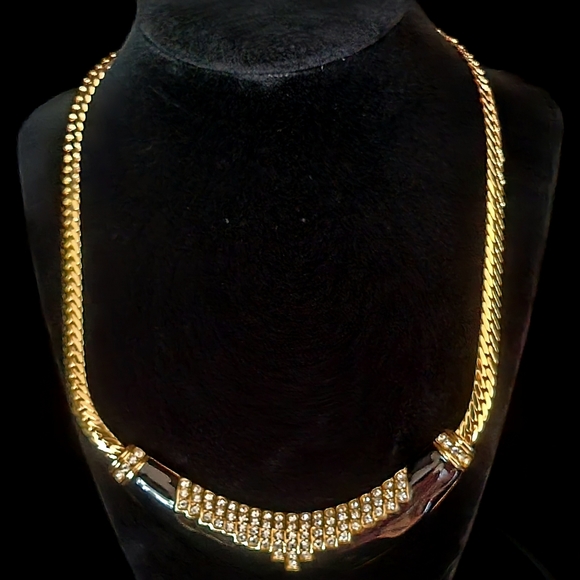 ParkLane Gold Tone Black Enamel and Rhinestone Necklace, Bib Choker, Herringbone - Picture 2 of 13